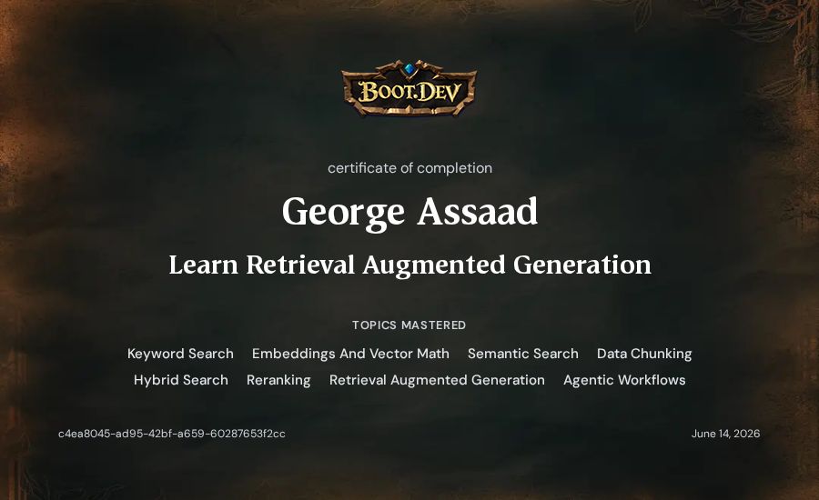 George Assaad's Boot.dev Learn Retrieval Augmented Generation certificate