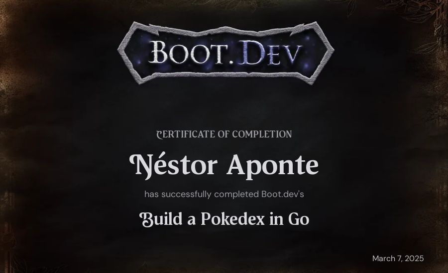 Néstor Aponte's Boot.dev Build a Pokedex in Go certificate