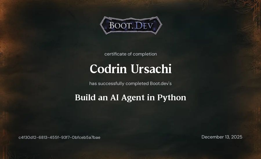 Codrin Ursachi's Boot.dev Build an AI Agent in Python certificate