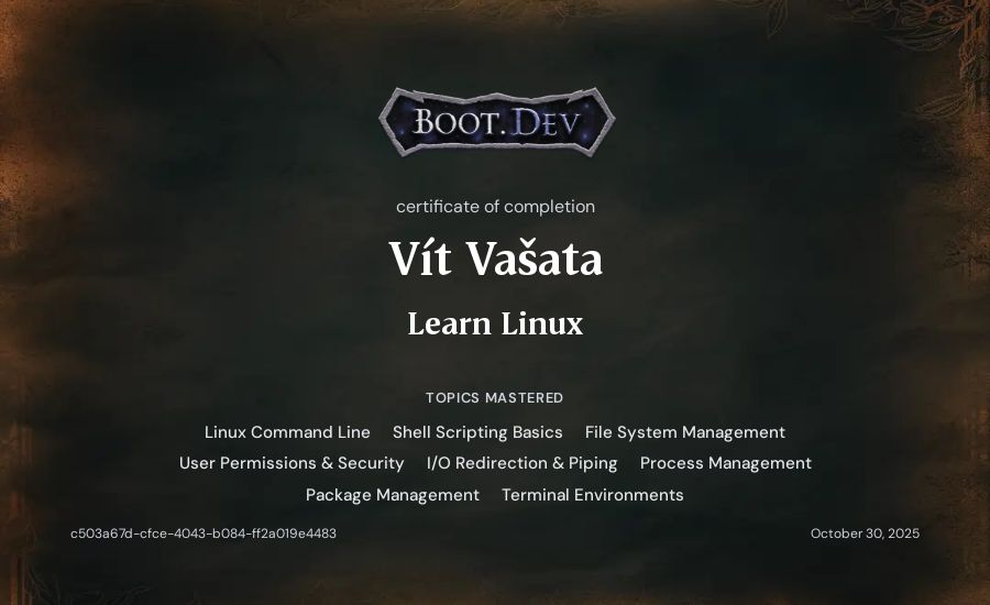 Vít Vašata's Boot.dev Learn Linux certificate