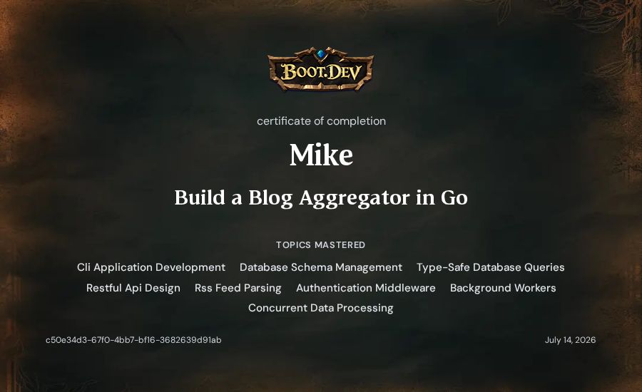 Mike's Boot.dev Build a Blog Aggregator in Go certificate