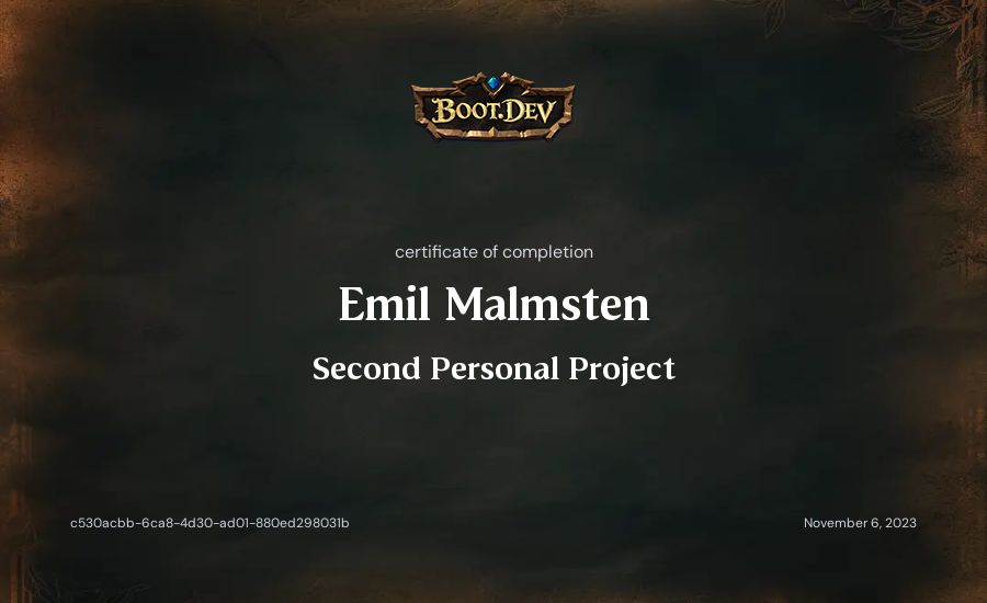 Emil Malmsten's Boot.dev Second Personal Project certificate