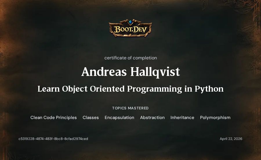 Andreas Hallqvist's Boot.dev Learn Object Oriented Programming in Python certificate