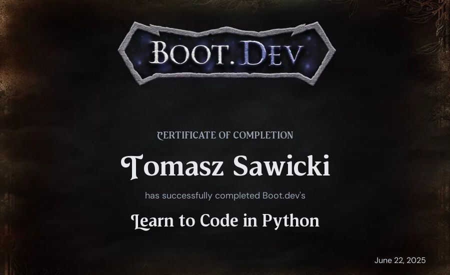 Tomasz Sawicki's Boot.dev Introduction to Python Course certificate