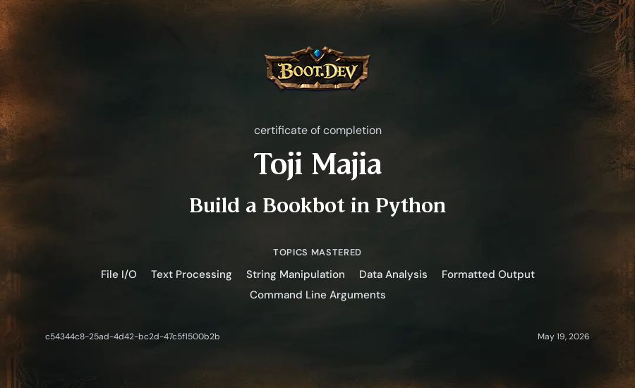 Toji Majia's Boot.dev Build a BookBot in Python certificate