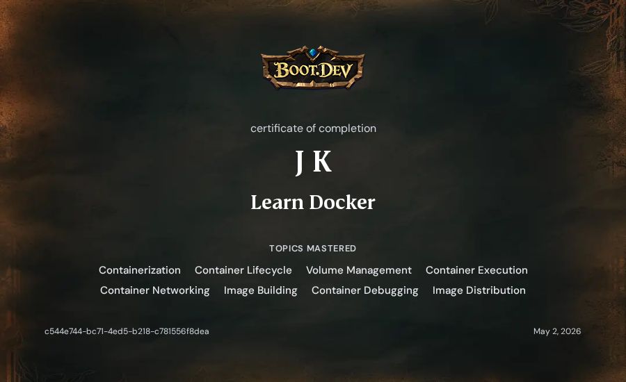 J K's Boot.dev Learn Docker certificate