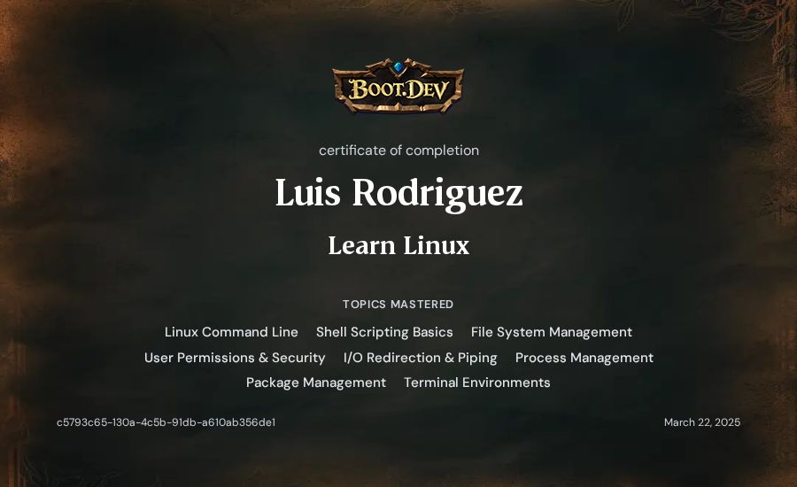 Luis Rodriguez's Boot.dev Learn Linux certificate