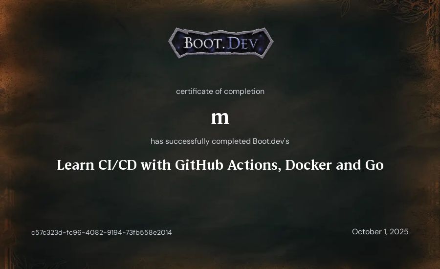 m's Boot.dev Learn CI/CD with GitHub Actions, Docker and Go certificate