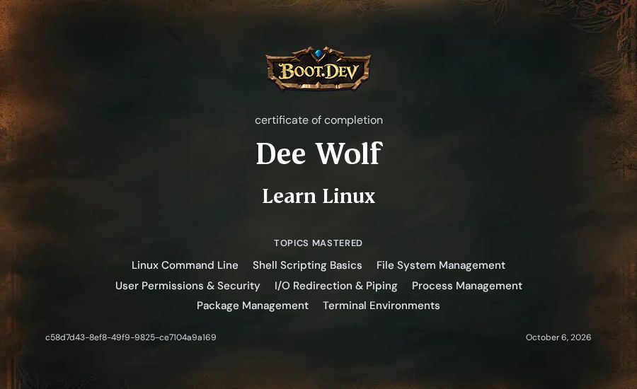Dee Wolf's Boot.dev Learn Linux certificate