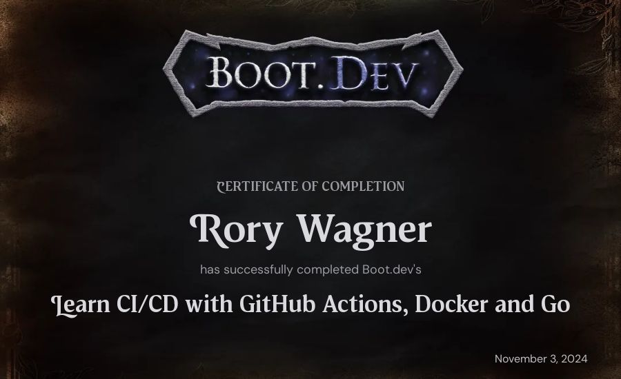 Rory Wagner's Boot.dev Learn CI/CD with GitHub Actions, Docker and Go certificate