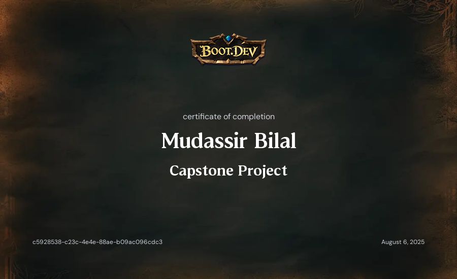 Mudassir Bilal's Boot.dev Capstone Project certificate