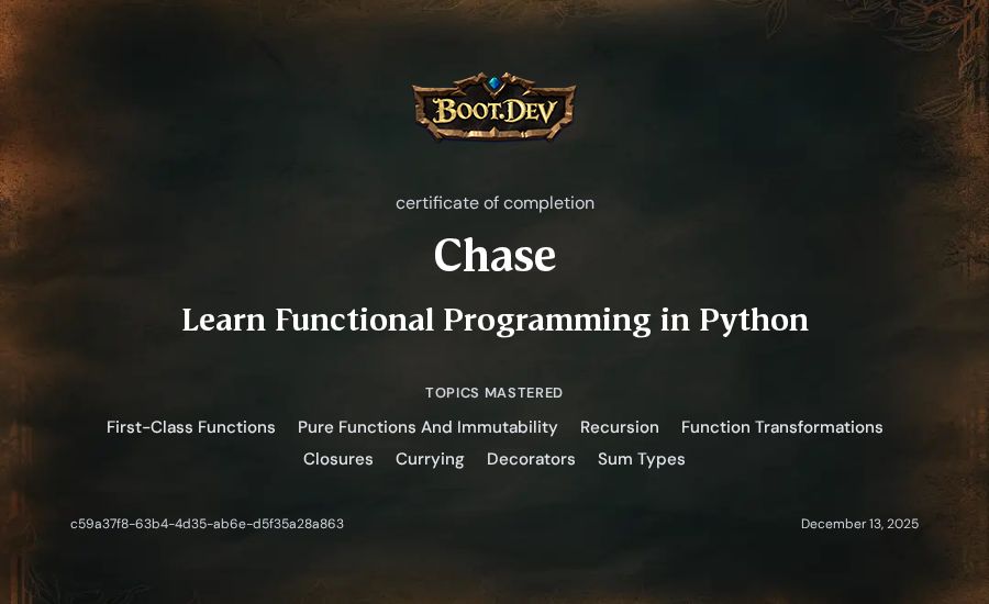 Chase Kelly's Boot.dev Learn Functional Programming in Python certificate
