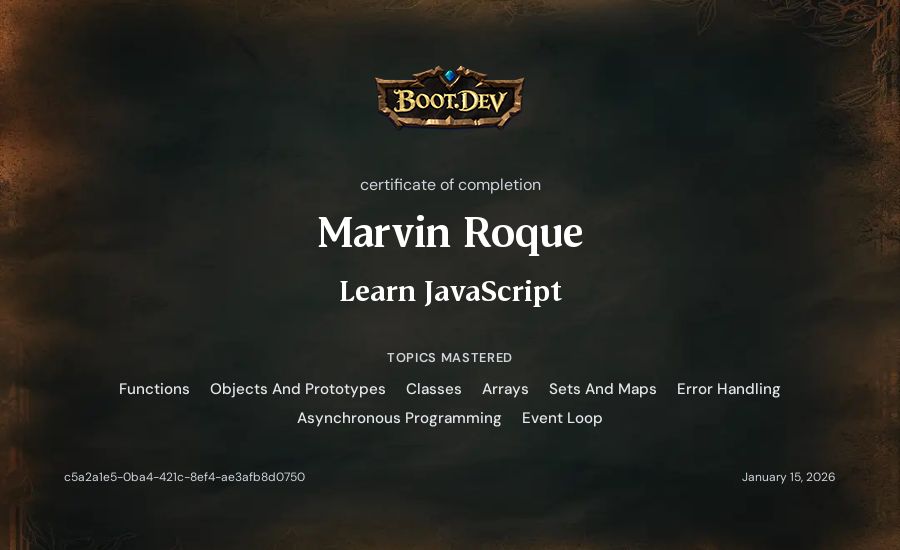 Marvin Roque's Boot.dev Learn JavaScript certificate