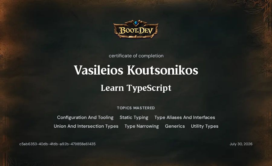 Vasileios Koutsonikos's Boot.dev Learn TypeScript certificate