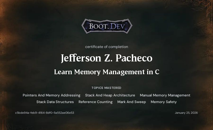 Jefferson Z. Pacheco's Boot.dev Learn Memory Management in C certificate