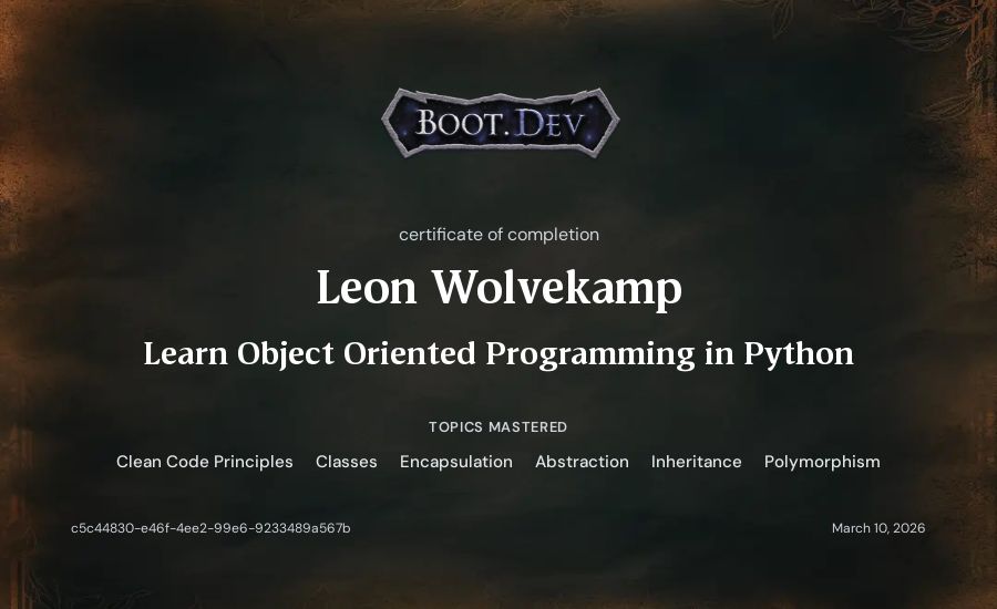 Leon Wolvekamp's Boot.dev Learn Object Oriented Programming in Python certificate