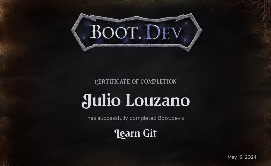 Julio Louzano's Boot.dev Learn Git certificate