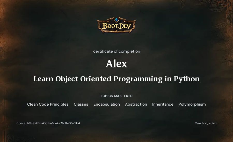 Alex's Boot.dev Learn Object Oriented Programming in Python certificate