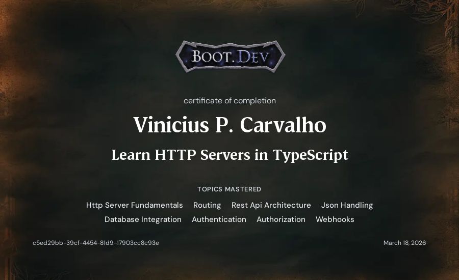 Vinicius P. Carvalho's Boot.dev Learn HTTP Servers in TypeScript certificate