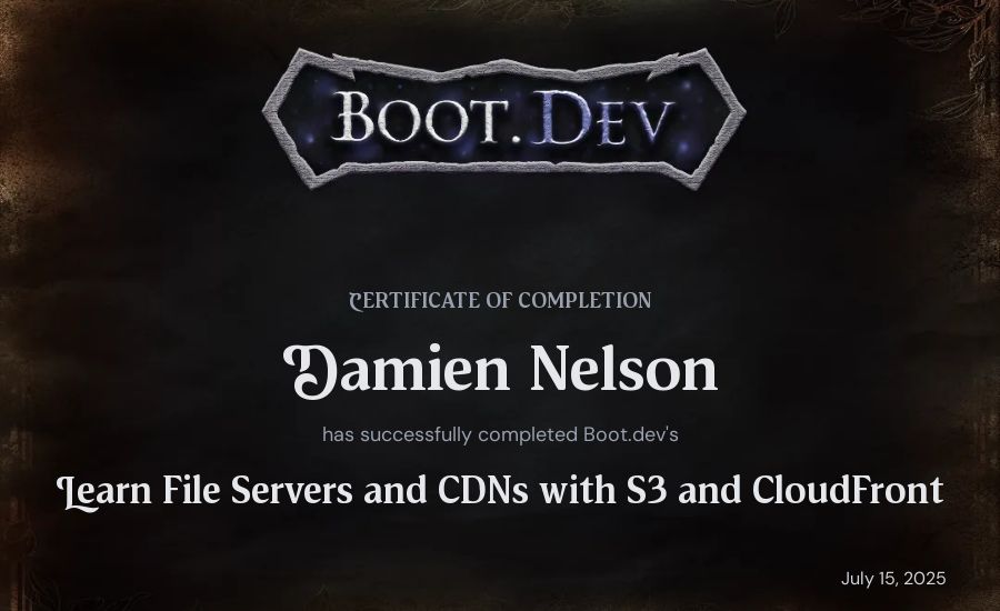 Damien Nelson's Boot.dev Learn File Servers and CDNs with S3 and CloudFront certificate