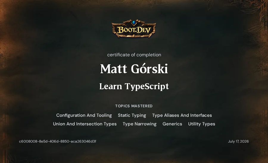 Matt Górski's Boot.dev Learn TypeScript certificate