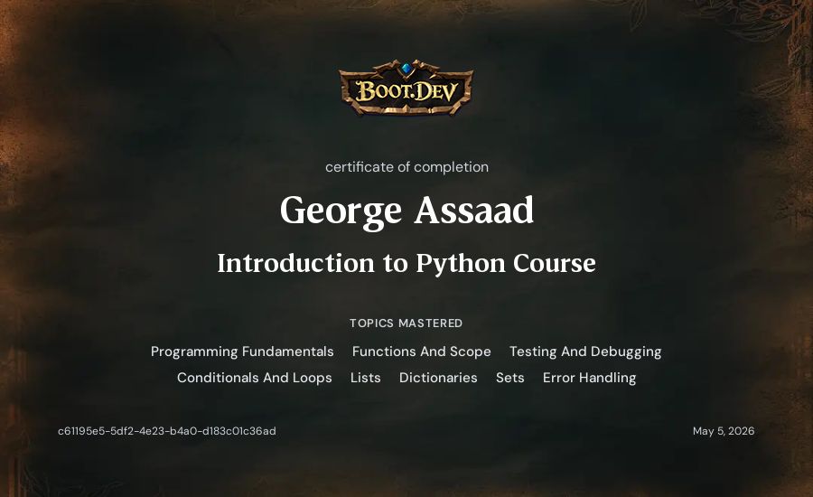 George Assaad's Boot.dev Introduction to Python Course certificate