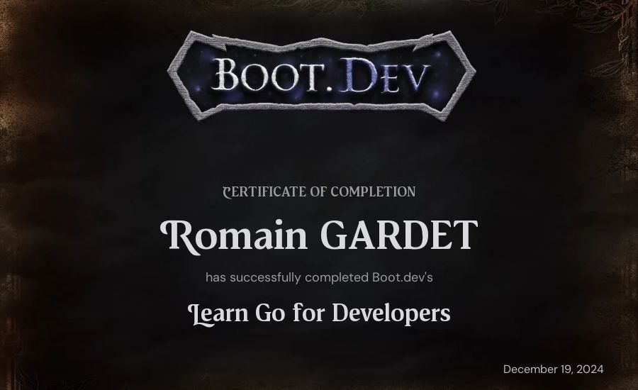 Romain GARDET's Boot.dev Learn Go certificate
