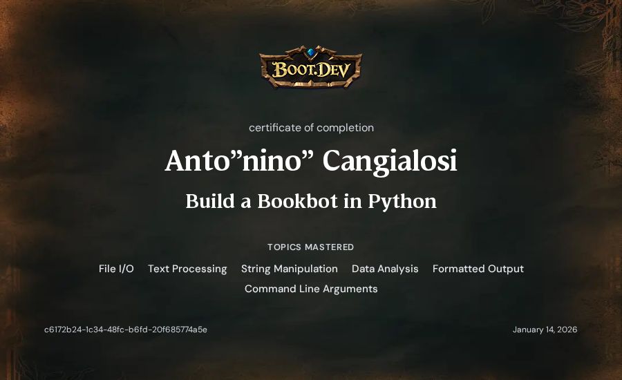 Anto"nino" Cangialosi's Boot.dev Build a BookBot in Python certificate