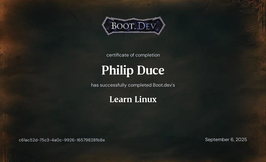 Philip Duce's Boot.dev Learn Linux certificate