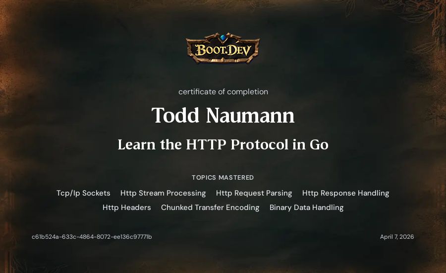 Todd Naumann's Boot.dev Learn the HTTP Protocol in Go certificate
