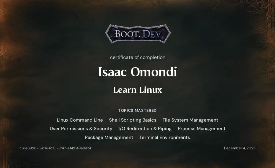 Isaac Omondi's Boot.dev Learn Linux certificate