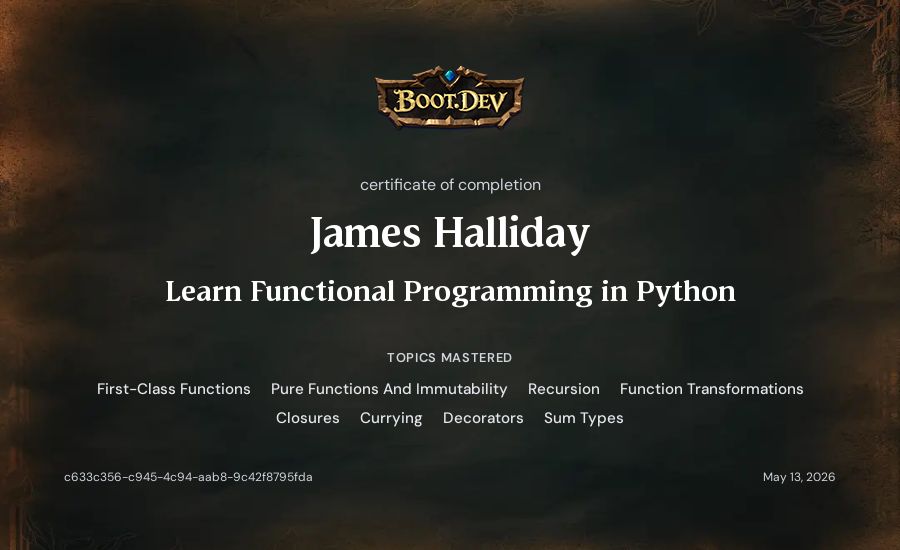 James Halliday's Boot.dev Learn Functional Programming in Python certificate