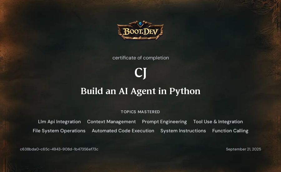 CJ's Boot.dev Build an AI Agent in Python certificate