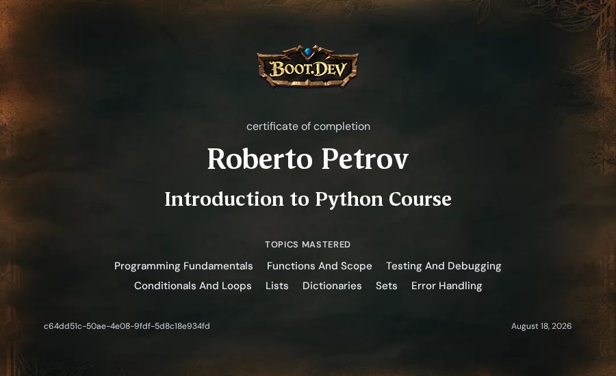 Roberto Petrov's Boot.dev Introduction to Python Course certificate