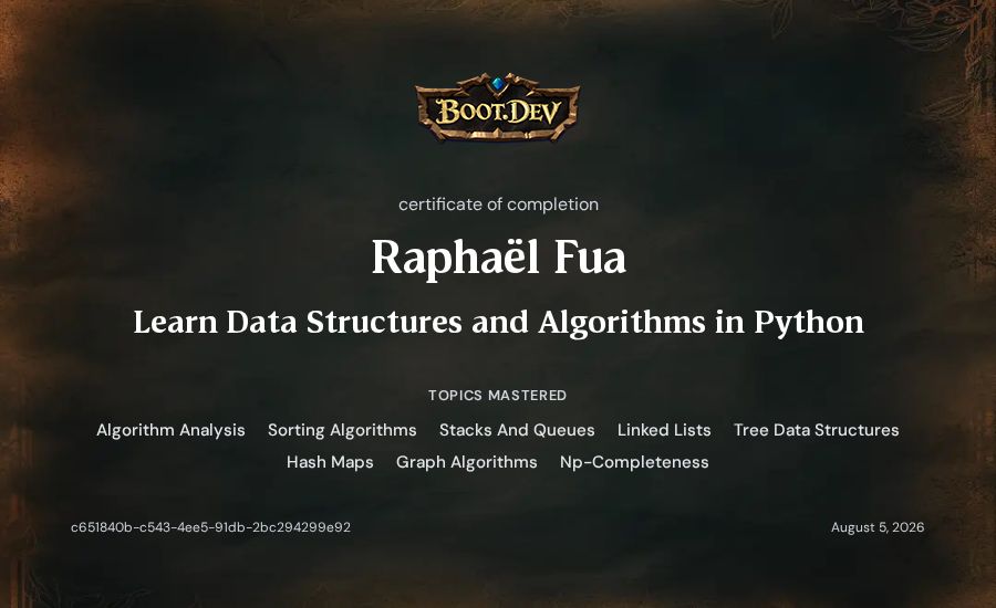 Raphaël Fua-Marcou's Boot.dev Learn Data Structures and Algorithms in Python certificate