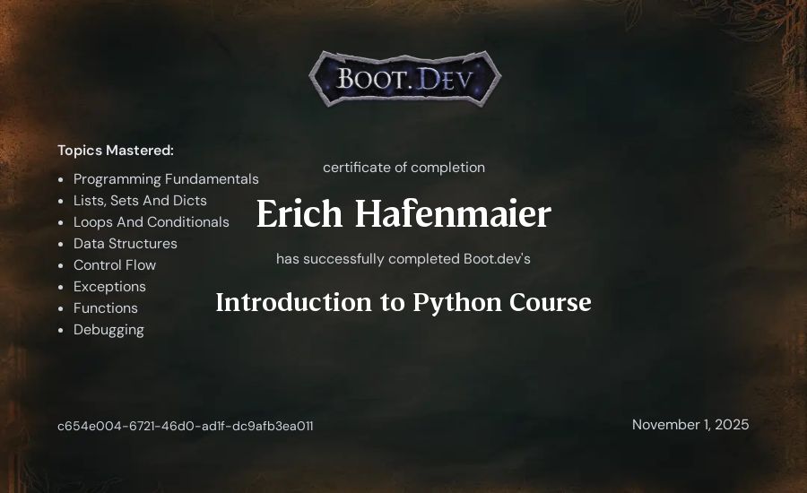 Erich Hafenmaier's Boot.dev Introduction to Python Course certificate