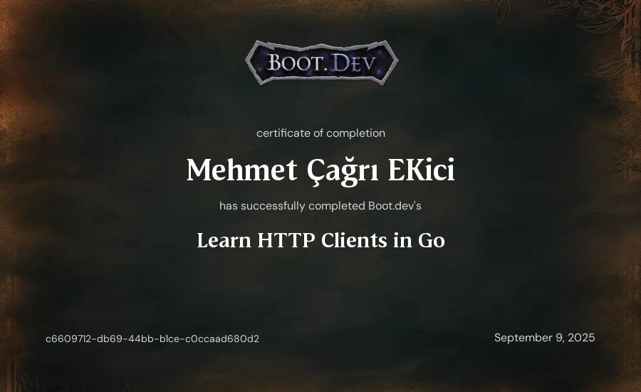 Mehmet Çağrı Ekici's Boot.dev Learn HTTP Clients in Go certificate