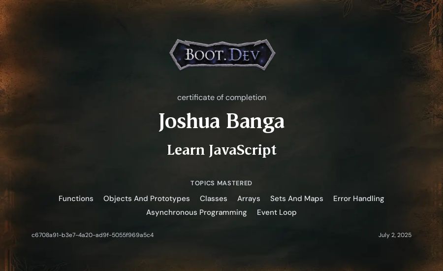 Joshua Banga's Boot.dev Learn JavaScript certificate