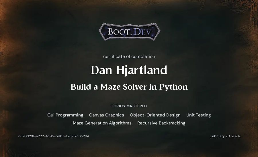 Dan Hjartland's Boot.dev Build a Maze Solver in Python certificate