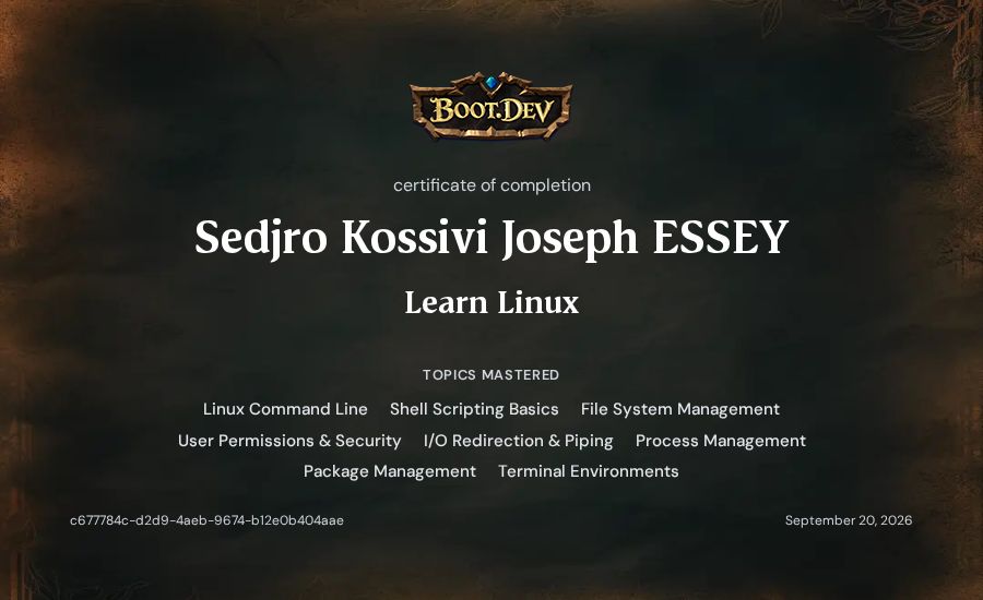 Sedjro Kossivi Joseph ESSEY's Boot.dev Learn Linux certificate