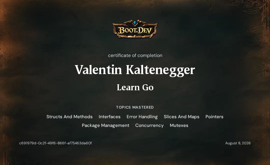 Valentin Kaltenegger's Boot.dev Learn Go certificate
