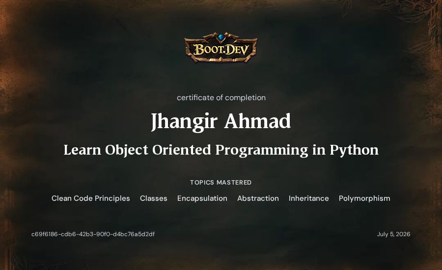 Jhangir Ahmad's Boot.dev Learn Object Oriented Programming in Python certificate
