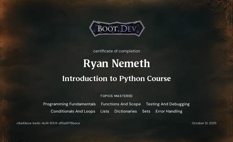 Ryan Nemeth's Boot.dev Introduction to Python Course certificate