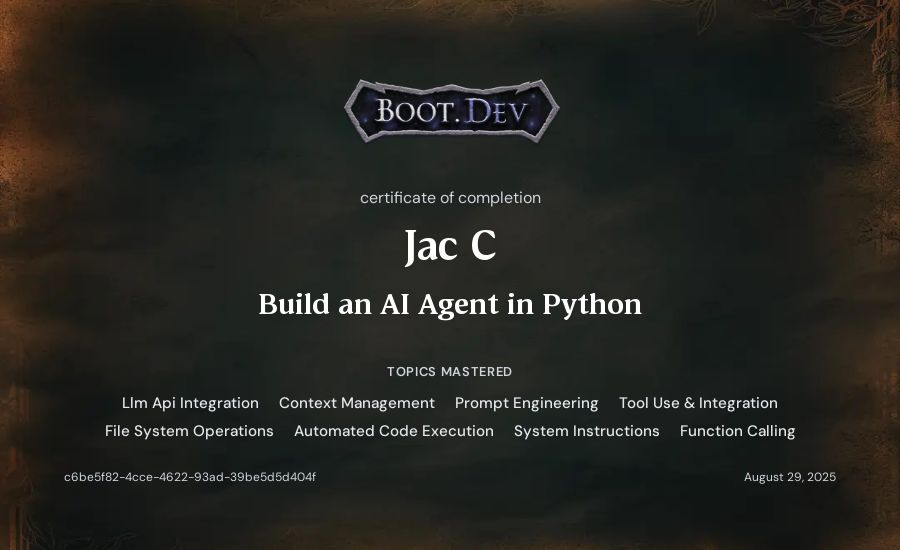 Jac C's Boot.dev Build an AI Agent in Python certificate