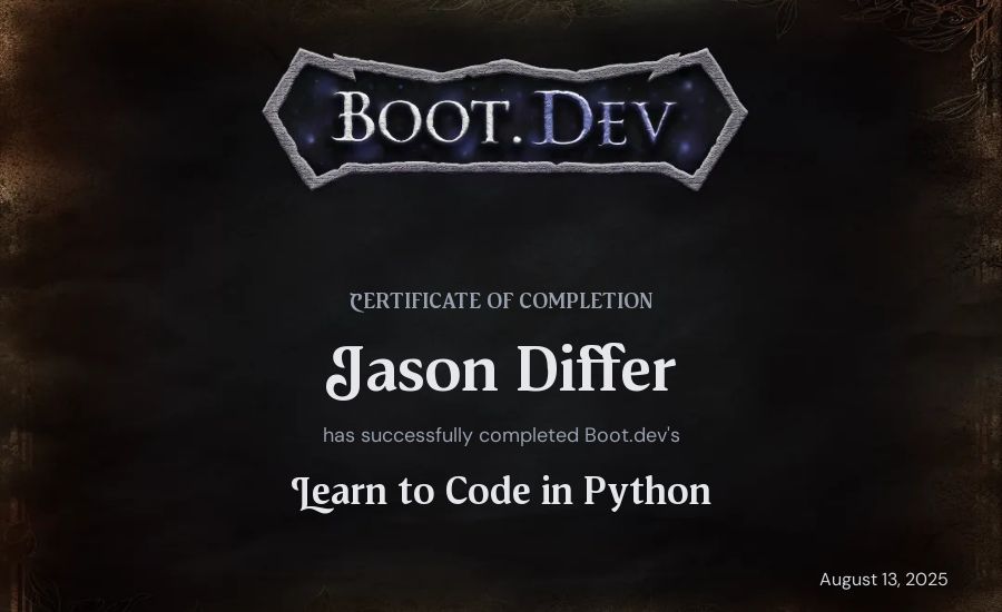 Jason Differ's Boot.dev Introduction to Python Course certificate