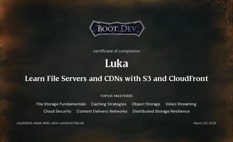 Luka's Boot.dev Learn File Servers and CDNs with S3 and CloudFront certificate