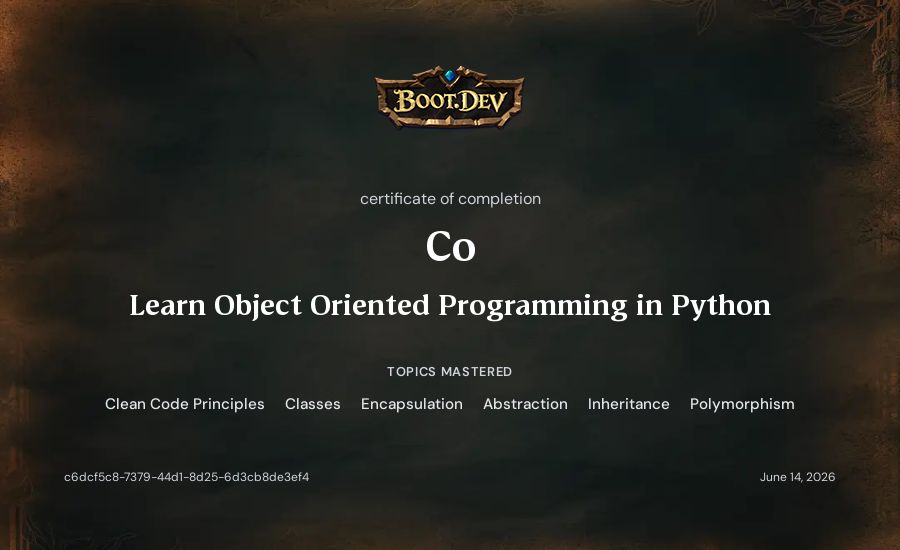 Co's Boot.dev Learn Object Oriented Programming in Python certificate
