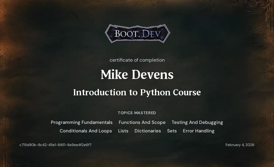 Mike Devens's Boot.dev Introduction to Python Course certificate