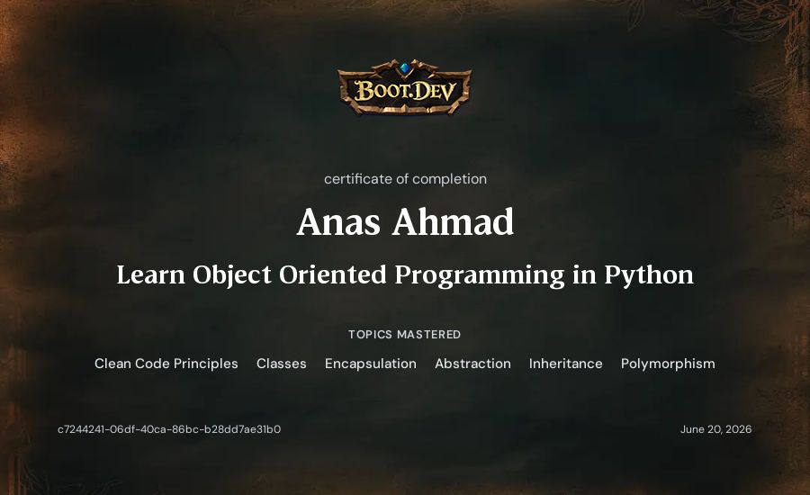 Anas Ahmad's Boot.dev Learn Object Oriented Programming in Python certificate