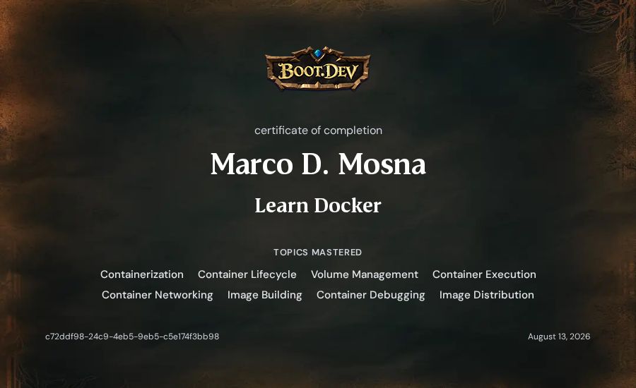 Marco D. Mosna's Boot.dev Learn Docker certificate